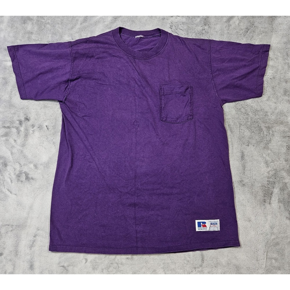 Vintage Russell Athletic Shirt Men's Large Purple Pocket High Cotton Made USA